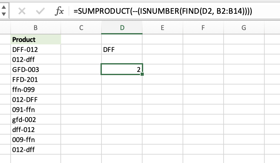 Table displayed next to a formula that shows how to count cells that contain specific text