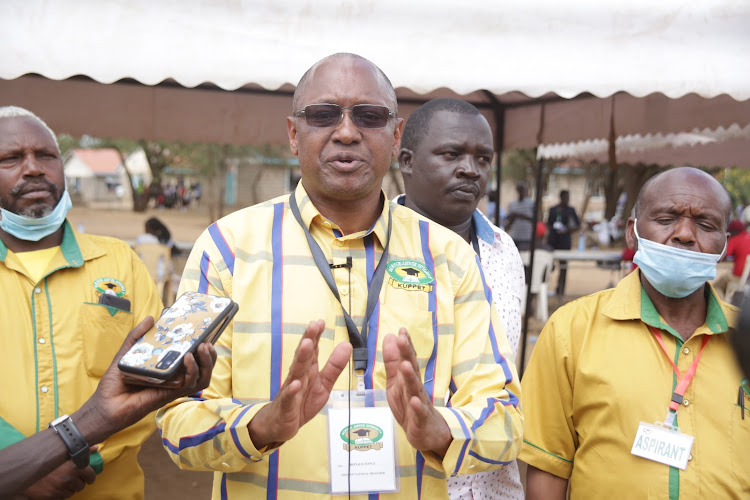 Kuppet national vice treasurer and Bomet Central MP Ronald Tonui addresses the media during branch elections at Marigat Boys Secondary school, Baringo South, on Saturday