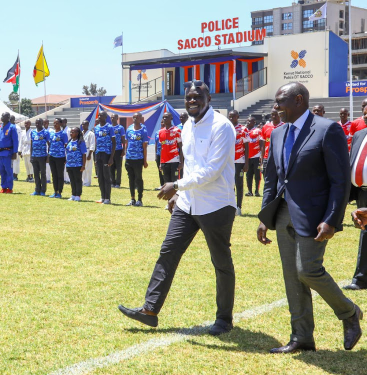 President William Ruto and Nairobi Governor Johnson Sakaja during the commissioning of the Kenya Police Sacco Stadium at South C, Nairobi on February 3, 2023