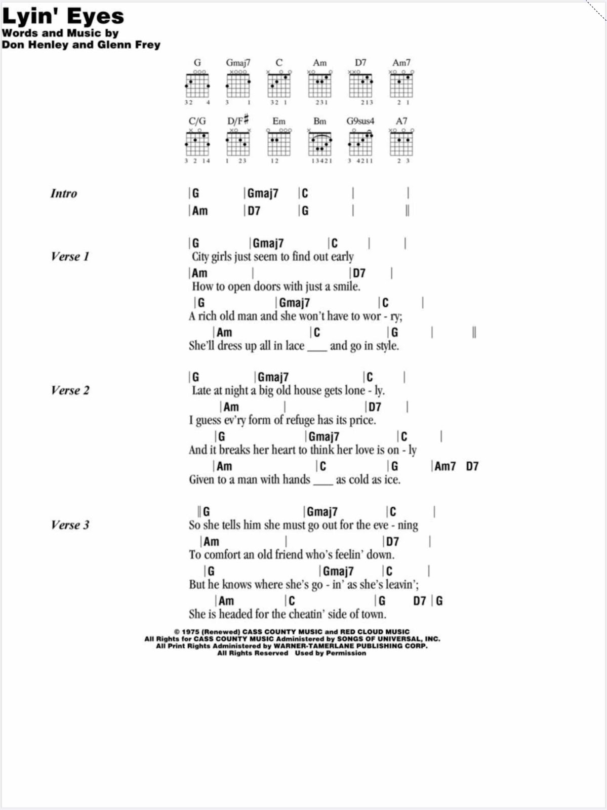 Guitar Lessons Eagles Lyin’ Eyes Guitar Chords