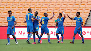 Kermit Romeo Erasmus celebrates goal with teammates during the DStv Premiership match between Kaizer Chiefs and Mamelodi Sundowns at FNB Stadium on October 24, 2020.