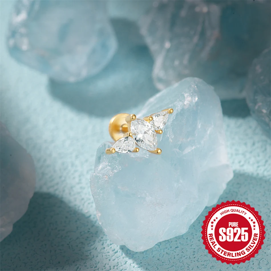 S925 Sterling zilveren oorstekers met waterdruppel, granaatappel, opaal, driehoek, diamanten en platte kop. Trendy en chic!