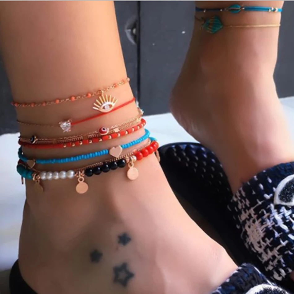 Tornozeleira geométrica de olho com franjas de miçangas coloridas, estilo boho, acessório de praia perfeito para o verão.