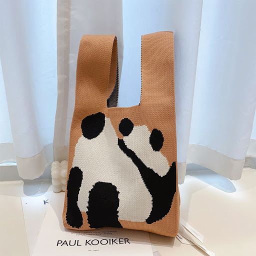 Title 1, Cute Panda Large Knitted Bag Woven Portable Cas...