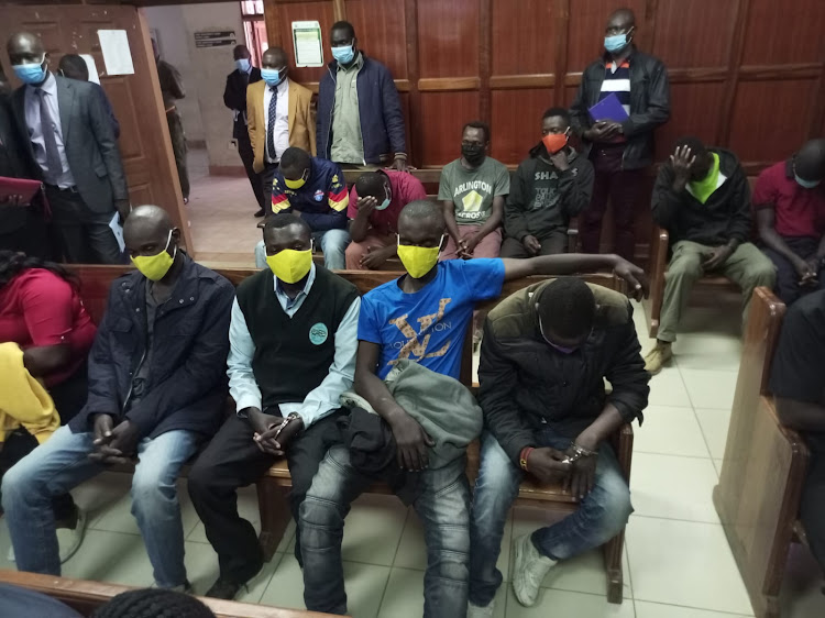 Some of the 16 bodaboda riders who were presented before Milimani law Courts on Wednesday, March 9, 2022.