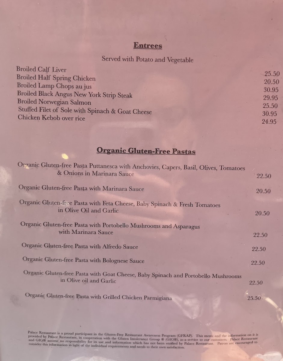 Palace Restaurant gluten-free menu