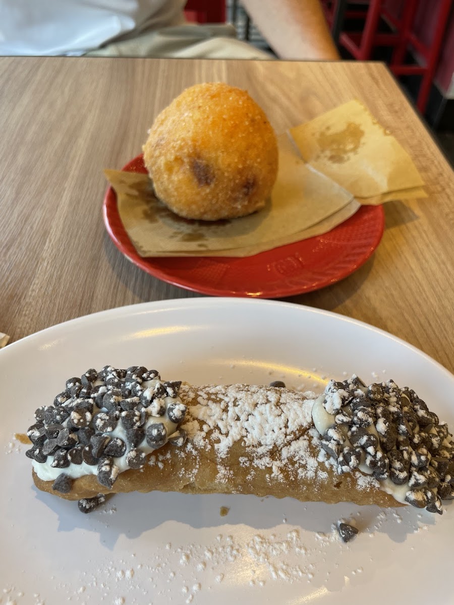 Pistachio rice ball and cannoli