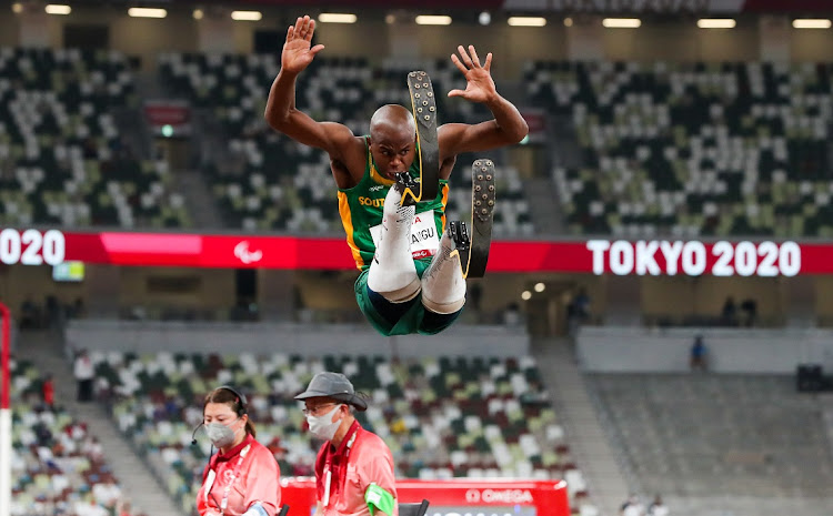 Ntando Mahlangu of South Africa wins the men's long jump T63 final during the evening session of athletics on Day 4 of the Tokyo2020 Paralympic Games at the Olympic Stadium in Tokyo, Japan on August 28, 2021.