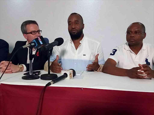 British High Commissioner Nic Hailey, Mombasa boss Hassan Joho and Kilifi's Amason Kingi during a press briefing at Whitesands hotel, November 6, 2017. /ERNEST CORNEL