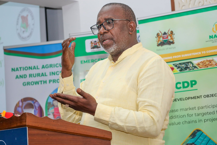 Agriculture CS Mithika Linturi speaks when he opened the annual joint National-County World Bank agriculture portfolio performance review consultative forum at Pride Inn, Mombasa County, February 12, 2024.