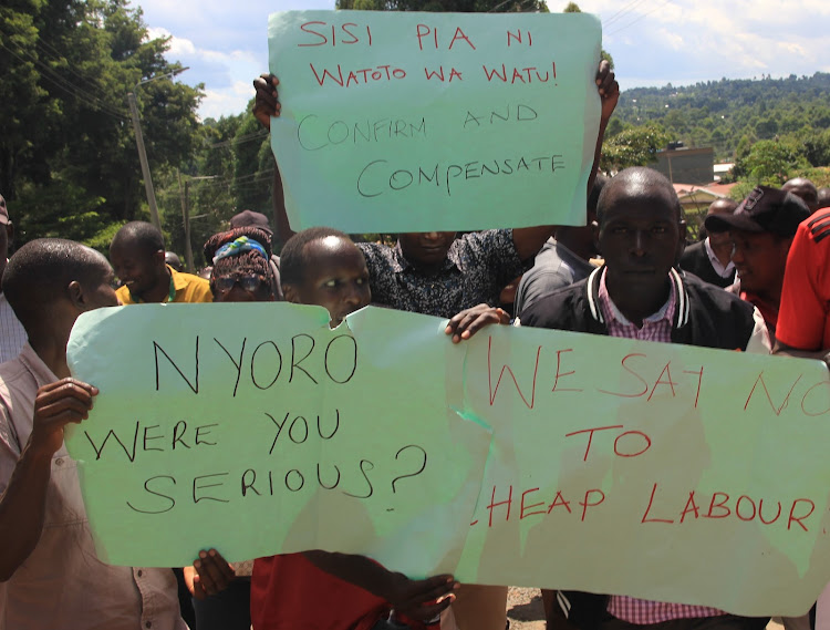 Bomet Junior Secondary School teachers with KUPPET officials hold demonstrations in Bomet town on May 13, 2024.