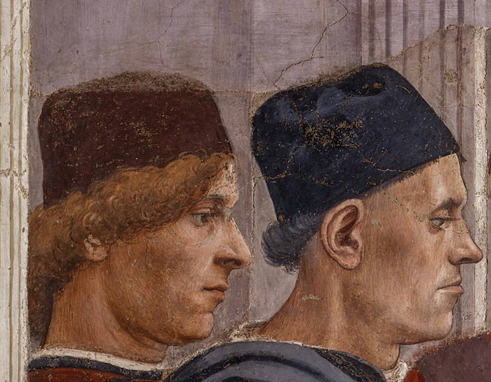 Masaccio e Filippino Lippi, Resurrezione del figlio di Teofilo e san Pietro in cattedra (particolare di due fiorentini che assistono al miracolo della resurrezione del figlio di Teofilo), Cappella Brancacci, Santa Maria del Carmine, Firenze