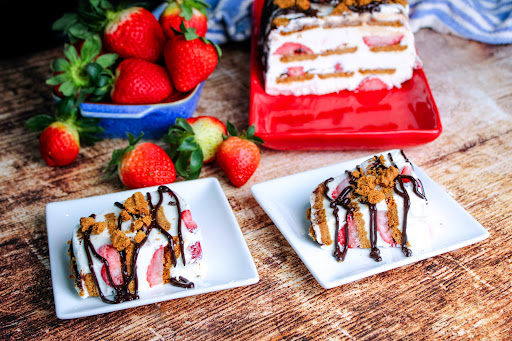Slices of Biscoff Icebox Cake on two plates.