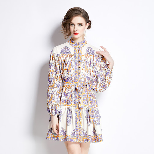 Title 4, Printed Long Sleeve Retro Short Dress