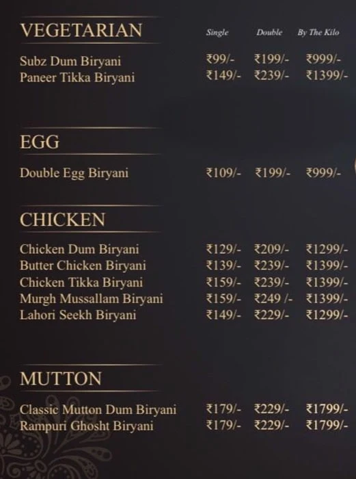 The Bombay Sultaani Biryani House menu 