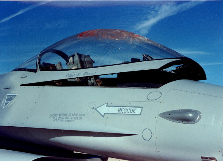 The canopy of a US Air Force F-16 fighter after hitting a bird in flight.