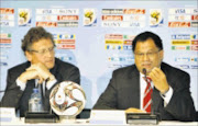 HEAD HONCHOS Jerome Valcke- FIFA General Secretary, left, and CEO of the LOC Danny Jordaan, during the 500 days to kickoff press conference. 24/01/2009. Pic. Chris Ricco.  © Backpagepix