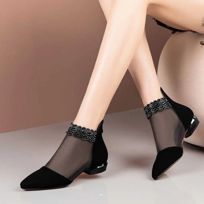 Sandalias de diamantes de imitación para mujer, primavera y verano. Botas de red con diamantes, tacón plano hueco, tacón grueso y esmerilado.