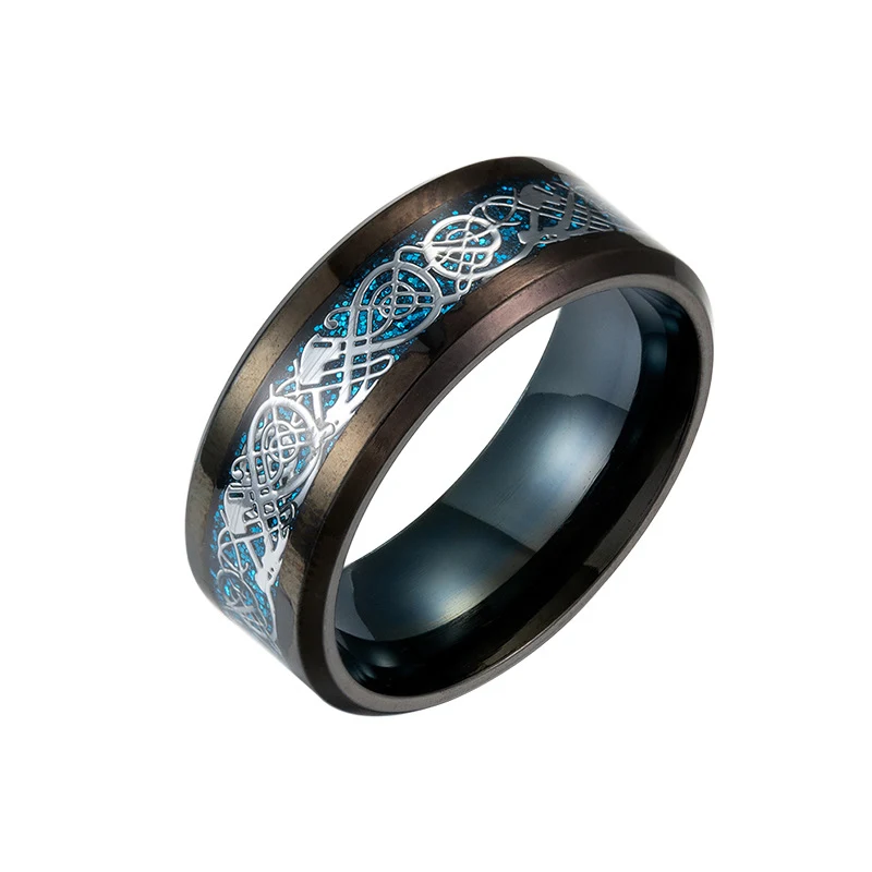Popular titanium steel plated black dragon pattern blue stainless steel men's ring, a stylish and durable accessory for 