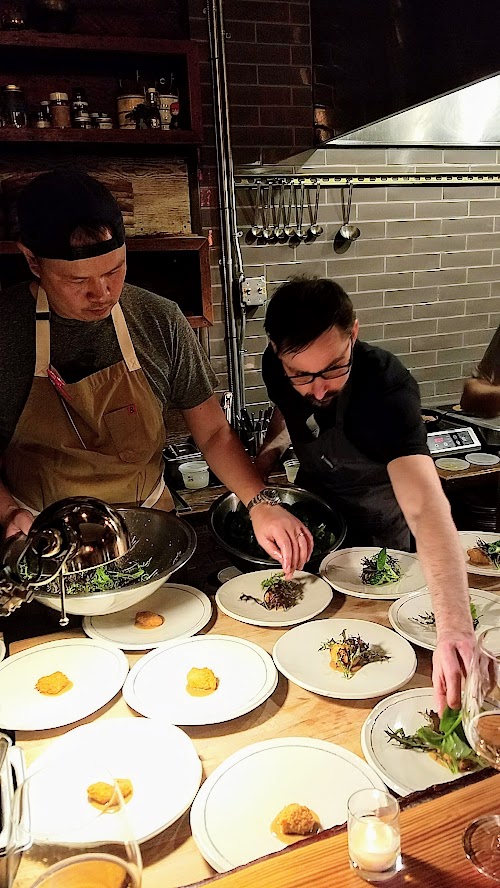 Langbaan PDX Chefs Who Inspire Dinner with Justin Woodward, First course of Dungeness crab, mussel jus, leeks, blank trumpet mushroom