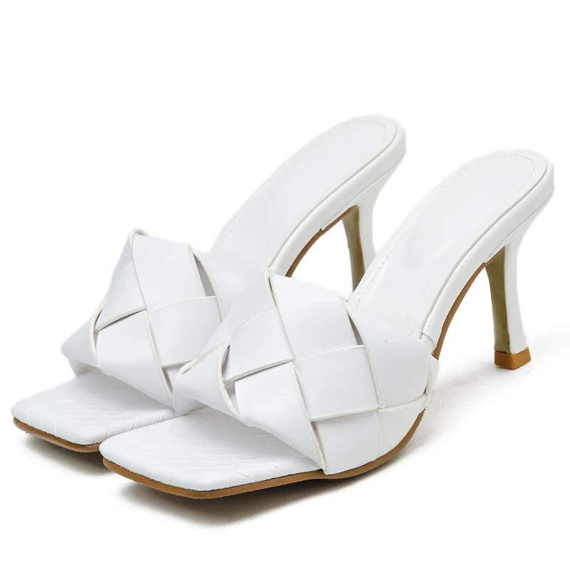 Sandales et mules d'été à talons hauts pour femmes, bout carré ouvert, tissées, personnalité unique. Confort et style assurés.