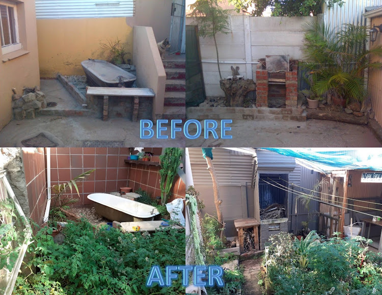 The back yard as it looked, with some very basic building work, above, and the end result, with every bit of space used, below