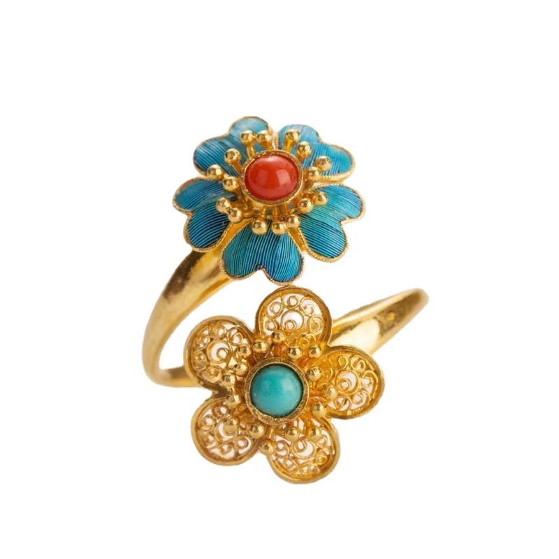 Bague en agate rouge naturelle Double Fleur de jade Hetian Bague femme Style Cour Vintage. Un bijou élégant et raffiné pour toutes les femmes.