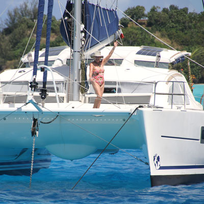 catamaran anchored in turquoise water