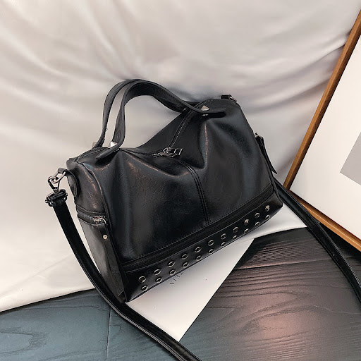 Title 4, Oil Leather Handbag Shoulder Bag with Rivets Cr...