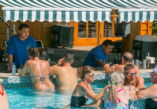 Closeup of the Land Shark Bar at Harvest Caye in Belize. 