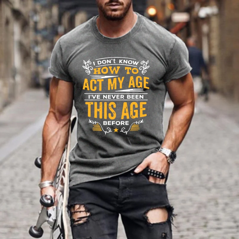 Erkek Slim Fit Yuvarlak Yaka Harf Baskılı Tişört, günlük kullanım için rahat ve şık bir üst giyim parçası, modern tarz.