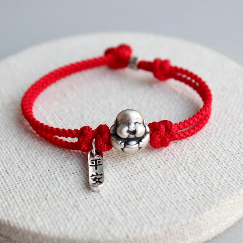 Corde Rouge Tressé à la Main en Argent 999 pour l'Année du Lapin Maitreya, Porte-Bonheur et Élégance, Cadeau Significatif