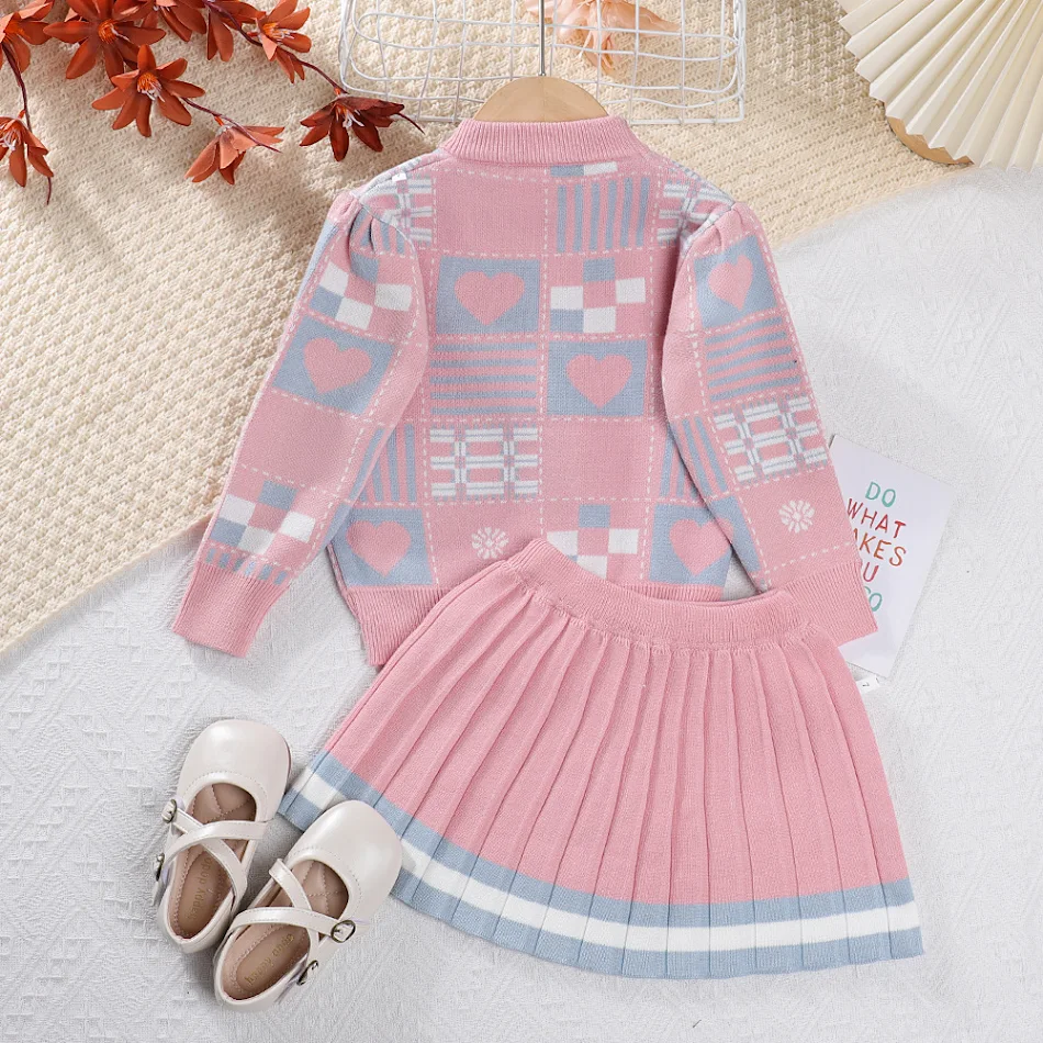 Round Neck Geometric Cartoon Printed Sweater Pleated Skirt Suit, a comfortable and stylish outfit perfect for casual wea