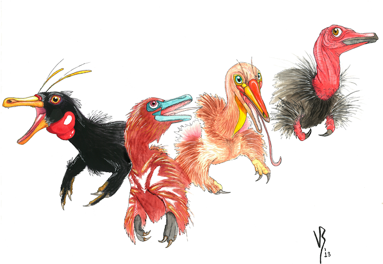 An artist's reconstruction of important alvarezsaur species, from left, Haplocheirus, Xiyunykus, Bannykus and Shuvuuia