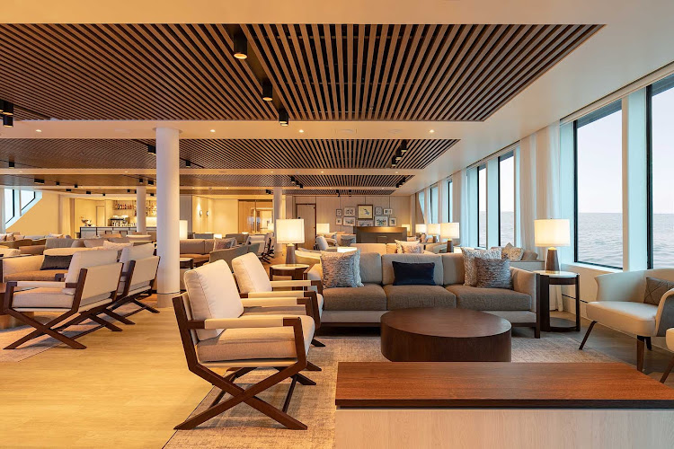 Stretch out and relax in the Explorer Lounge on Silver Origin, the luxury ship built for experiential travel.