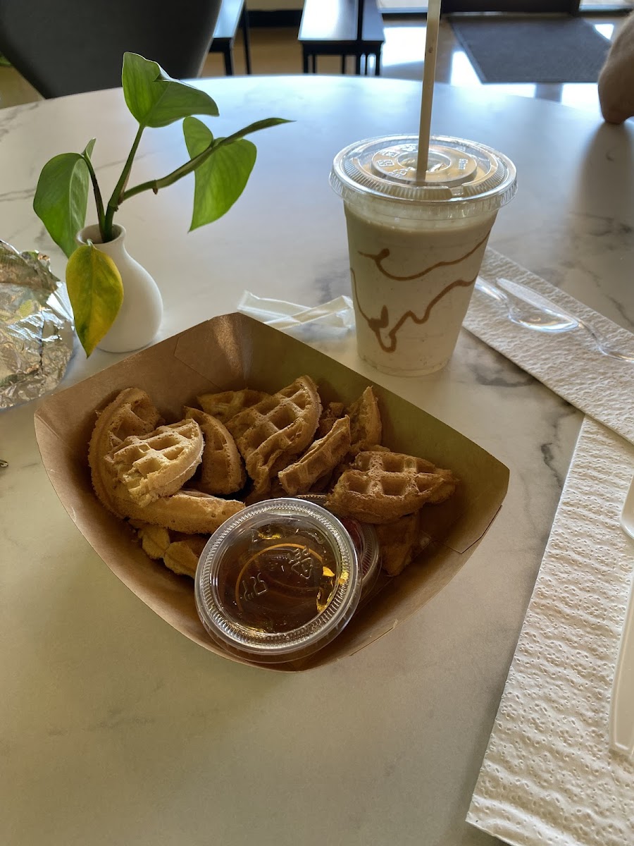 Waffles and peanut butter banana smoothie!