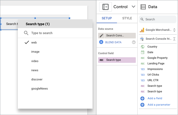 Editor laporan Looker Studio, dengan kontrol drop-down dipilih. Panel properti ditampilkan di sebelah kanan dan menampilkan kolom Kontrol menggunakan parameter jenis Penelusuran.