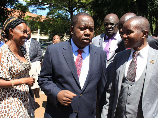 Interior cabinet secretary Fred Matiang'i with ICT cabinet secretary Joe Mucheru. FILE