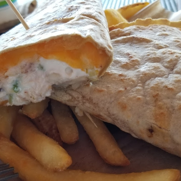 Delicious Dungeness Crab and Cheddar melt on GF tortilla and fries from dedicated fryer!