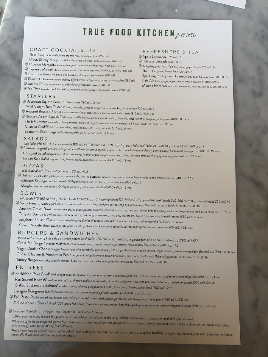 True Food Kitchen gluten-free menu