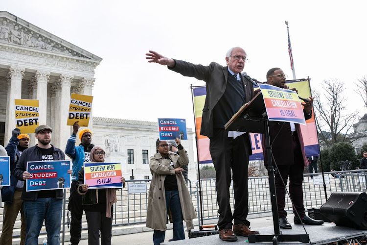 Senator Bernie Sanders, an independent from Vermont, speaks outside the US Supreme Court in Washington, DC, US, on Tuesday, February 28, 2023. The Supreme Court will hear arguments today in two cases dealing with President Biden's plan to forgive up to $20,000 in student debt per federal borrower.