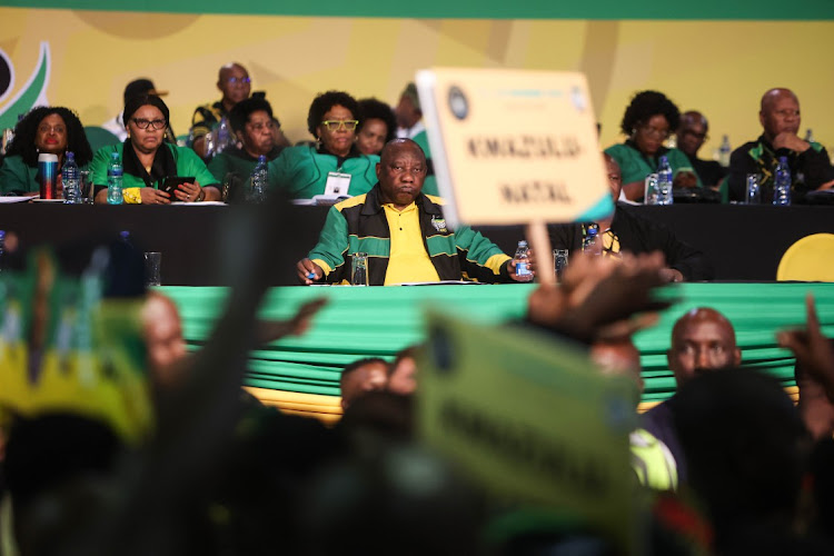 ANC president Cyril Ramaphosa and deputy president David Mabuza watch as delegates disrupt proceedings at Nasrec on December 16 2022. Picture: ALAISTER RUSSELL/SUNDAY TIMES