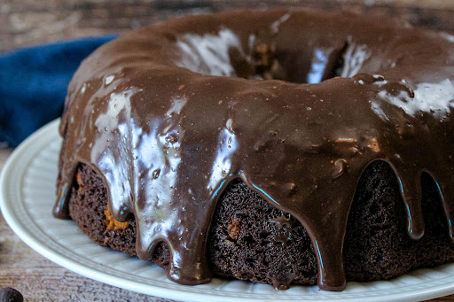 Chocolate and White Chips Bundt Cake ready to be sliced.