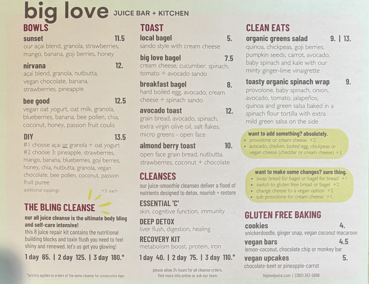 big love juice bar + kitchen gluten-free menu