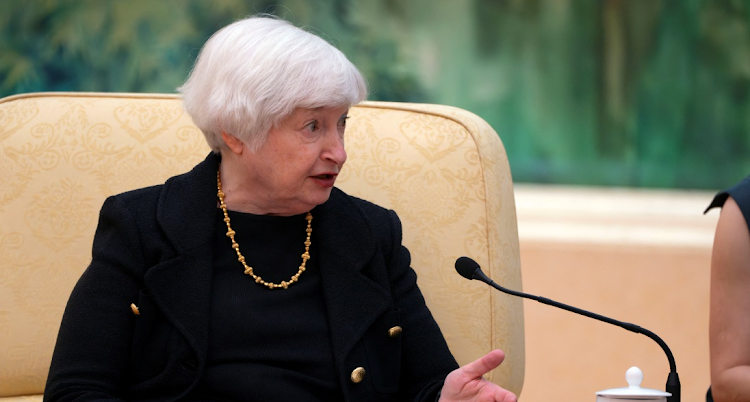 US Treasury Secretary Janet Yellen speaks during a meeting with Chinese Premier Li Qiang, not shown, at the Great Hall of the People in Beijing, China, on July 7 2023. Picture: MARK SCHIEFELBEIN//POOL via REUTERS