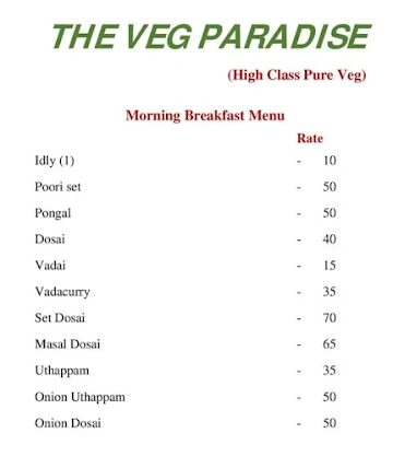 The Veg Paradise menu 