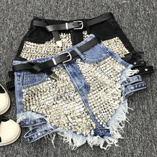 Title 15, Denim Shorts With Side Studs, Loose Ripped High...