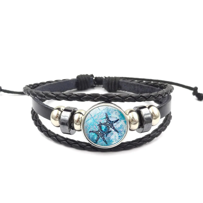 Bracelet Marine Life Time Stone fait à la main Ornement en cuir tressé multicouche Bijou unique pour les passionnés de la mer, élégant et durable.