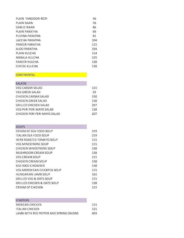 Hotel Arina menu 