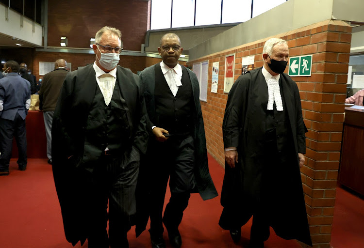 State prosecutor Billy Downer, advocate Dali Mpofu and advocate Barry Roux at the Pietermaritzburg high court on Monday.